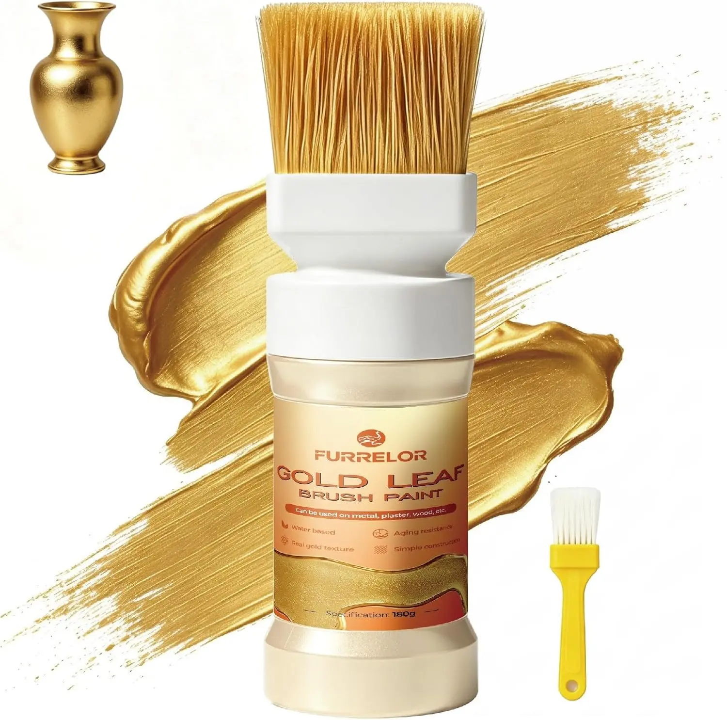 FURRELOR Liquid Gold Leaf Paint - 2-in-1 Eco-Friendly Anti-Scratch Metallic Solution for Metal, Wood, DIY Crafts, Wall Decoration, Fast-Drying Dry Finish (180ml/6.35 Oz)