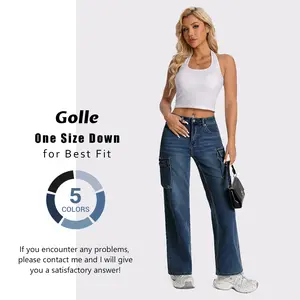 Women High Waisted Cargo Jean for Women with 6 Pockets Straight Wide Leg Jean Casual Baggy Pants