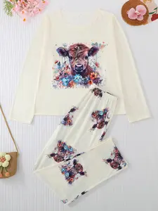 Women's 2-Piece Pajama Set, Casual Round Neck Long Sleeve Top & Elastic Pants, Cartoon Print, All-Season Comfortable Sleepwear