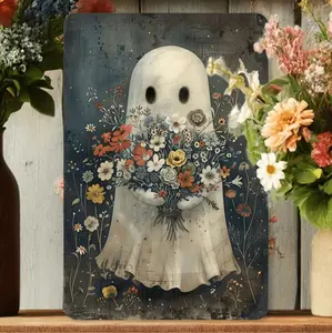Vintage Gothic Metal Wall Art for Halloween Featuring Pastel Flower Bouquet Design Perfect for Home Bar Cafe or Garage Decor