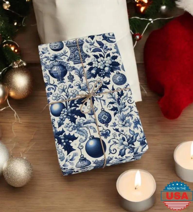 Blue Chinoiserie Christmas Wrapping Paper, Chinoiserie Gift Wrap, Blue Holiday Gift Wrap, Elegant Gift Wrap, Unique Gift Wrap, Xmas Wrap