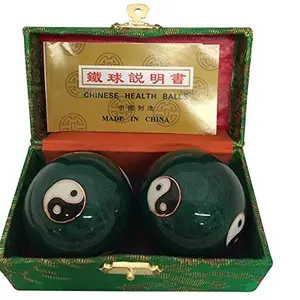 THY ARTS Baoding Balls, Chinese Body Care Manual Massage Tools, Relaxation Aid for Stress Relief, Approx. 2" Cloisonne Paint Green Yinyang #2 Exercise Balls, Jingle Sound