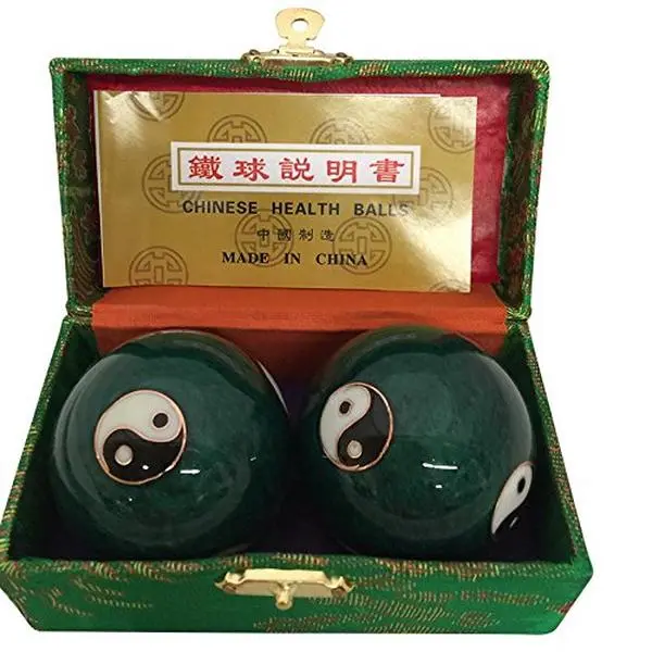 Baoding Balls Set of 2 - 2 Inch Metal Hand Massage Tools with Crisp Tones for Stress Relief & Body Care, Green Cloisonne Yinyang Design for Adults, Relaxation Aid, Silk, Jingle Sound