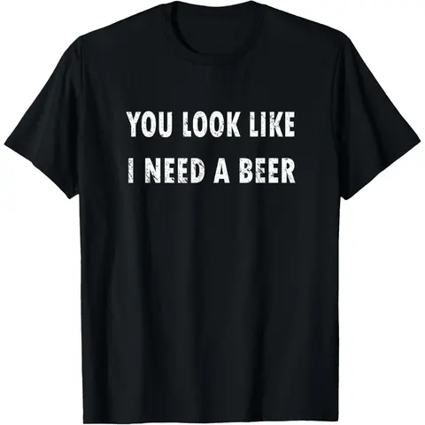 Men's Cotton Crew Neck Shortsleeve T-Shirt - Soft, Simple, Loose Menswear, Stretchy Breathable Fabric, Casual Streetwear Top with Humorous "You Look Like I Need A Beer" Drinking Graphic