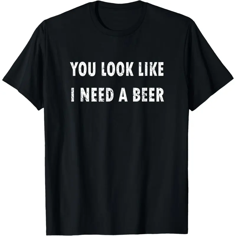 Men's Cotton Crew Neck Shortsleeve T-Shirt - Soft, Simple, Loose Menswear, Stretchy Breathable Fabric, Casual Streetwear Top with Humorous "You Look Like I Need A Beer" Drinking Graphic