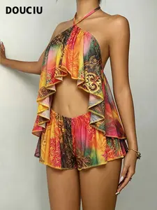 DOUCIU Hawaiian Style Trendy Streetwear Sexy Tight Fit Bikini Set, Thin Mesh Print Transparent Halter Top & Shorts Two-Piece Suit