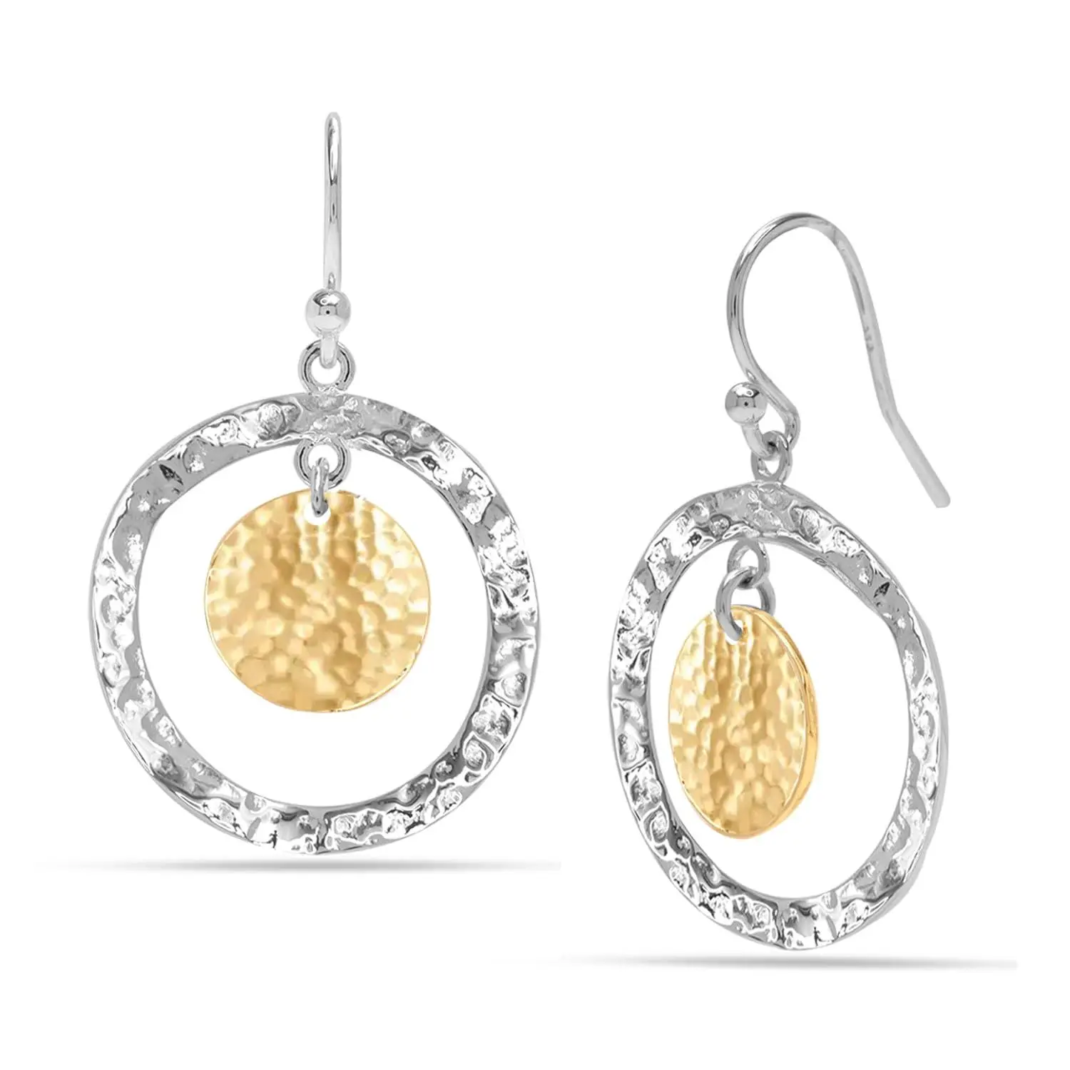 LeCalla 925 Sterling Silver Jewelry Classic Hammered Double Dangling Earrings Italian Hammered Design Two-Tone Disc Drop Earrings for Women 35 MM