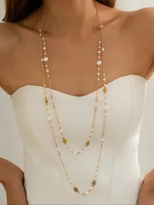 Elegant Faux Pearl Long Necklace Set for Women, Vintage Ethnic Style Star Tassel Sweater Chain, 2 Piece Layered Jewelry Collection, Elegant Beaded Necklace