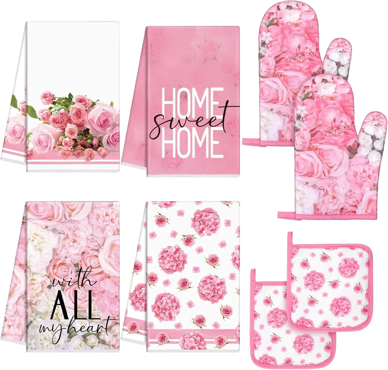 Pink Rose Design 8-Pc Complete Kitchen Set - Non-Slip Oven Mitts, Absorbent Towels, Dishcloths, Heat-Resistant Pot Holders for Baking, Cooking (Bakeware Essentials), 8‑Pc Complete Set