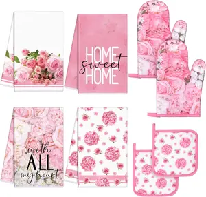 8 Pcs Pink Rose Kitchen Towels and Dishcloths Sets Oven Mitts and Pot Holders Sets Absorbent Kitchen Gloves Potholders Heat Resistant for Chef Baking Cooking