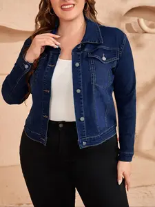 【Plus Size】 Denim Jacket, Casual Button Front Long Sleeve Outerwear for Women, Women's Plus Clothing for All Seasons, Coats