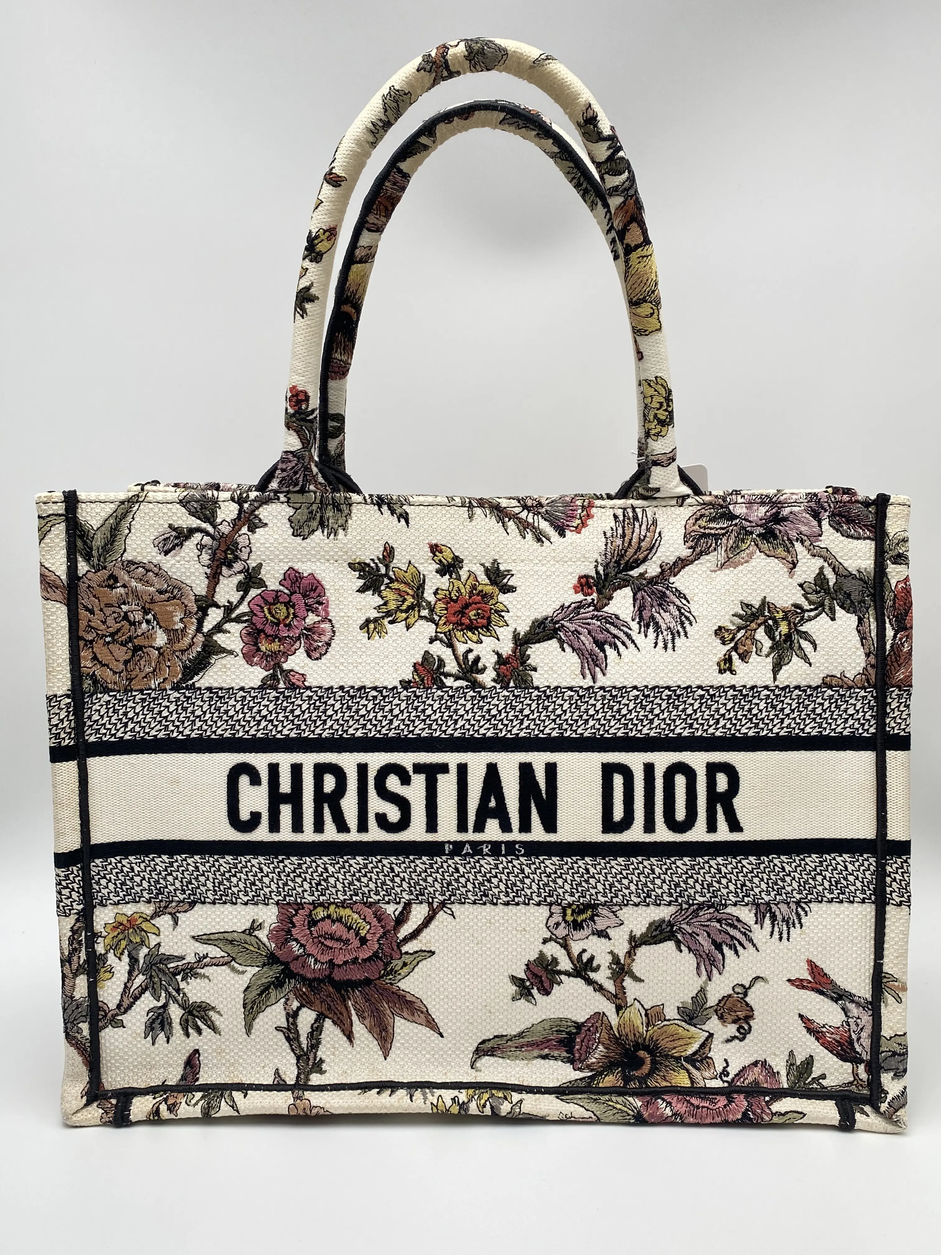 Pre-owned Dior Christian Book Tote Floral Garden Embroidery Canvas Tote Bag