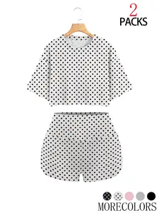 Polka Dot Print Short Tee + High-Waisted Shorts Set, French Vintage Casual, Slim Fit, All Seasons, Multiple Colors Available