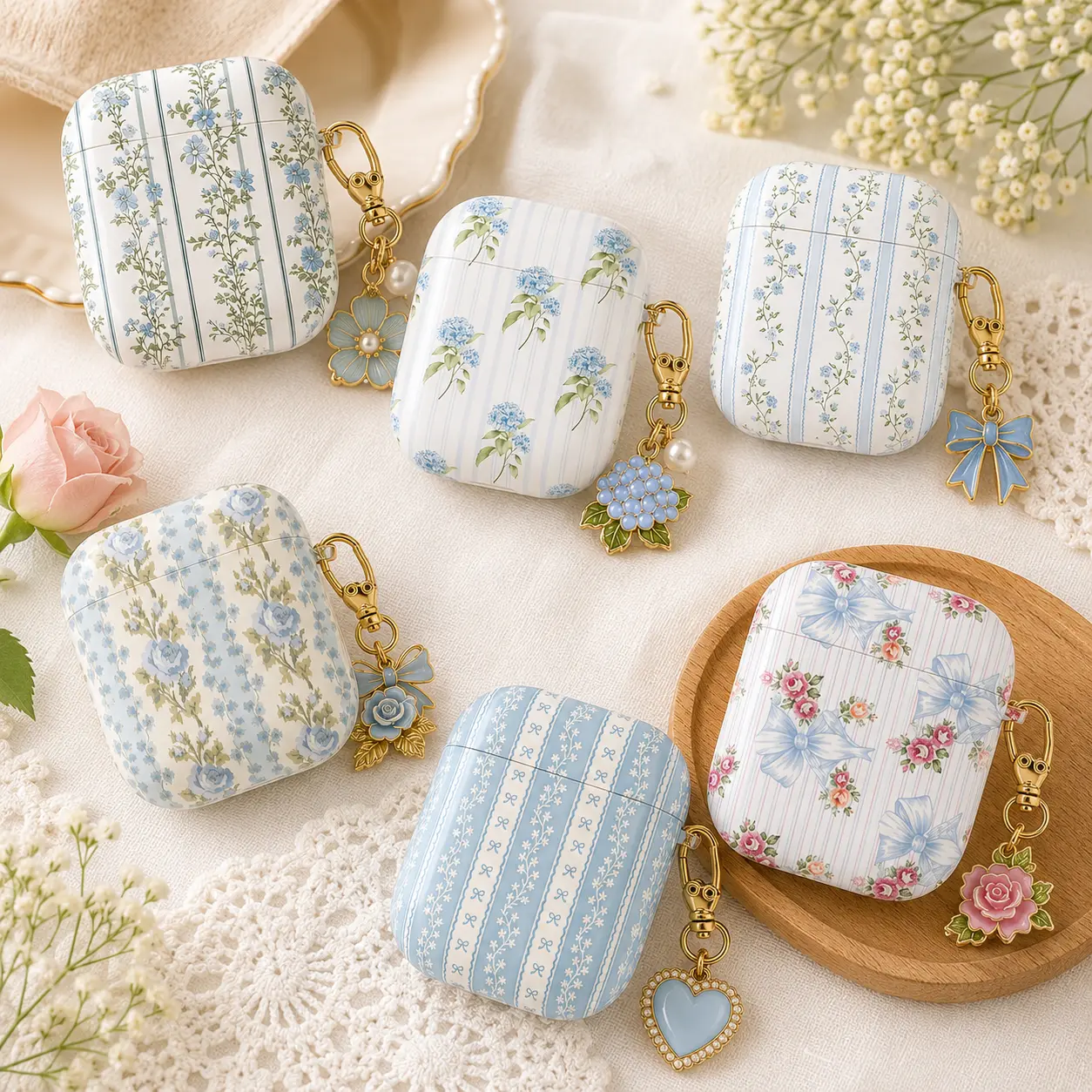 NO KEYCHAIN INCLUDED – Blue Floral AirPods Case, Vintage Coquette Flower Protective Cover, Cottagecore Bow Pattern Earbud Case, Cute Gift for Her