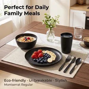 24-Piece Wheat Straw Dinnerware Set – Unbreakable Black Plates, Bowls & Cups for 4 People