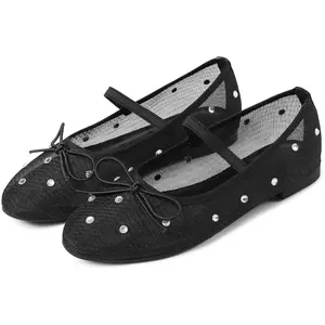 Mesh Ballet Flats for Women Rhinestone Bow Crystal Mary Janes Buckle Strap Flats Round Toe Ballerina Shoes Girl Footwear
