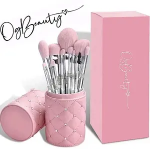 11pc Ultra Soft Silver Glitter Pink Makeup Brush Set With Brush Holder