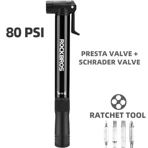ROCKBROS Mini Bike Pump Presta Schrader 80PSI Portable Bicycle Tire Pump with Multitool,Bike Tool Kit Aluminum Alloy Frame Pump for Road & MTB Bike