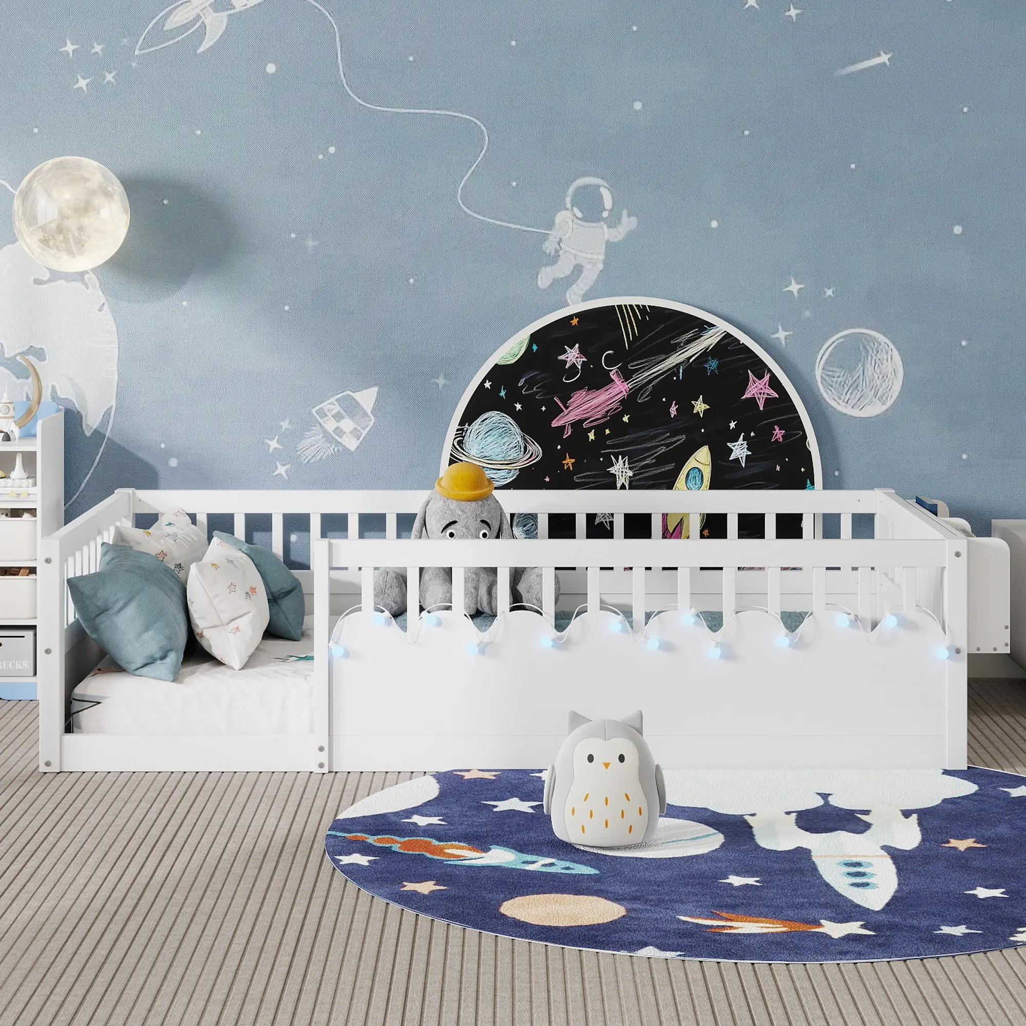 DONEXT Twin Montessori Floor Bed Frame - Solid Pine & MDF Wood Kids Bed with High Rails, White LED Light, Storage Shelf, Unisex Safe Design