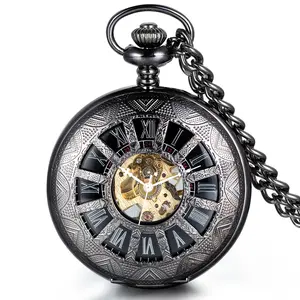 OIDEA Full Black Roman Numeral Skeleton Mechanical Pocket Watch Manual Wind Hollowed Dial Fob Watch