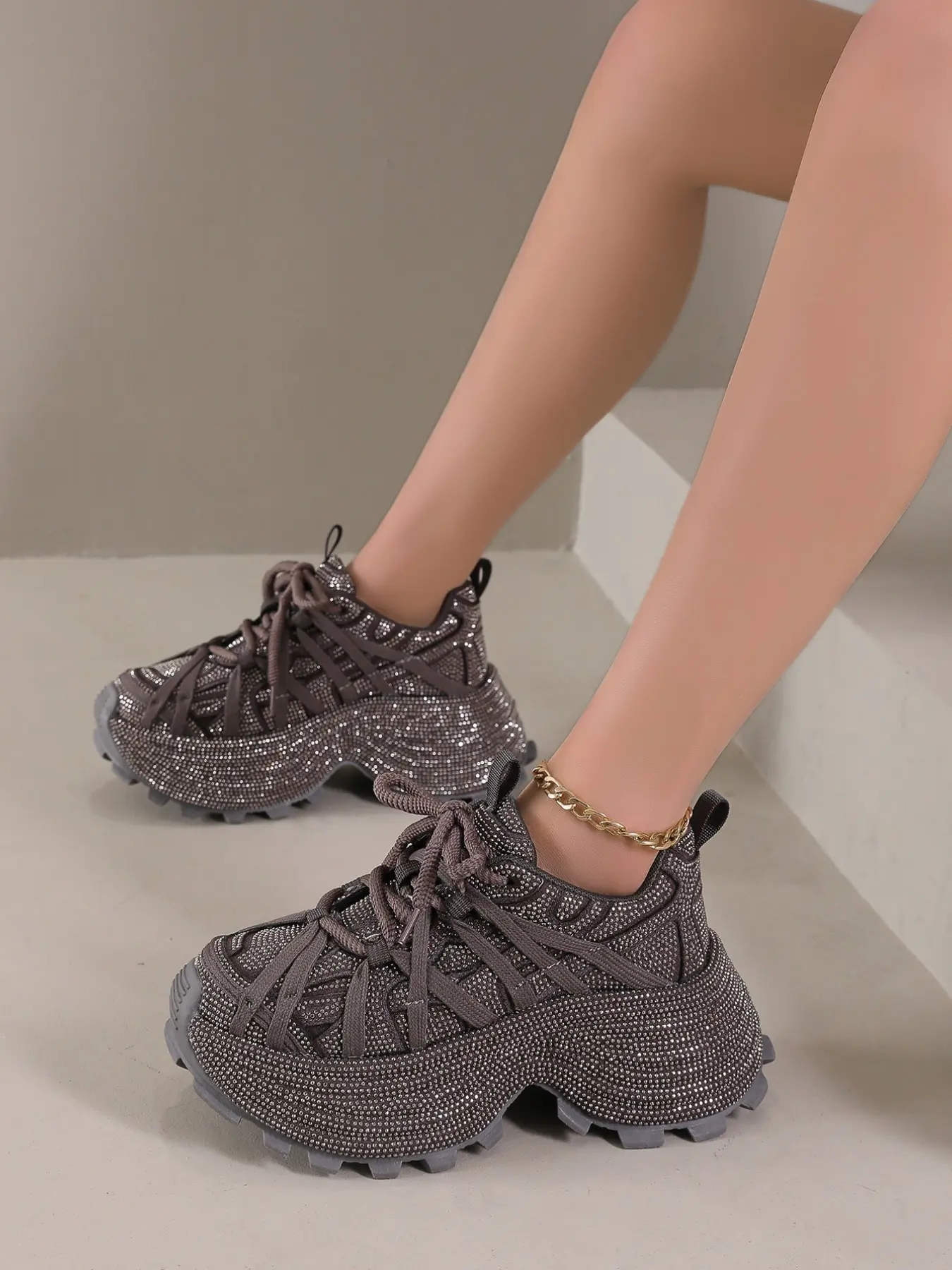 New Thick Sole Height Increasing Sports Shoes, Trendy Casual Breathable Glitter Design Sneakers, Versatile All-Season Low Top Footwear, Trendy Walking Sneaker, Thick Soled Sneakers