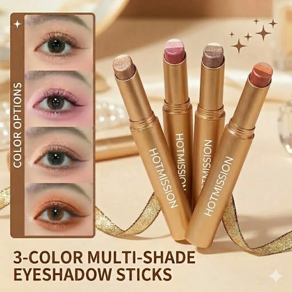 Buy 1 get 3 free --3 Color Eyeshadow Stick，New Long Lasting & Waterproof Creamy Eye Shadow，Portable Glitter shadow for Women，Smudge-Proof Long Lasting，Shimmer shadow for Day and Night (Fine Shimmer Brownish Orange)