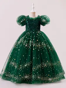 Girl's Stars Print Contrast Sequin Bow Back Tulle Dress, Sparkly Dress, Elegant Puff Sleeve Round Neck Party Gown, Kids Clothes for All Seasons