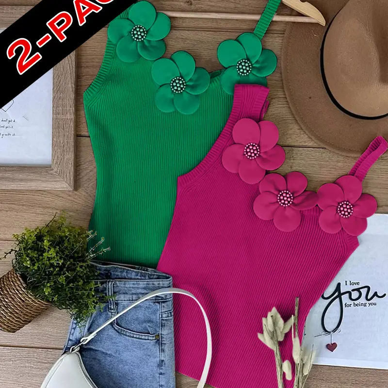 CHICME 2 Piece Women's Solid 3D Flower Tank Top Asymmetrical Neck