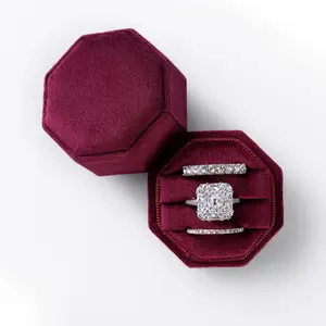 Ring Box Three Slots,  for Proposals Engagement and Wedding Band Photographs - Triple Octagon  Ring Boxes (Burgundy Red)
