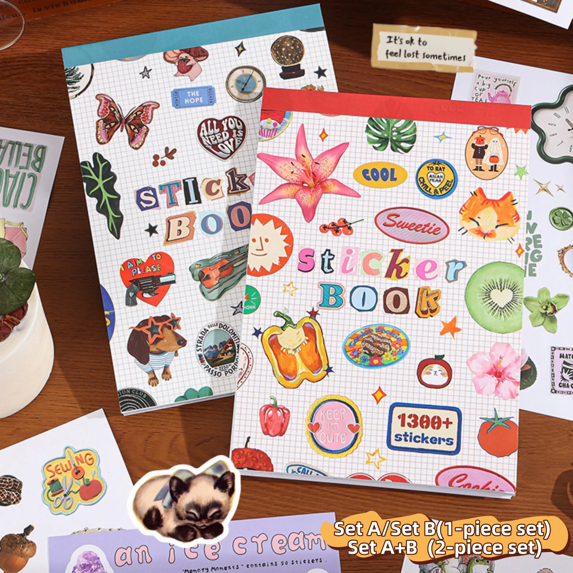 A5 Sticker Book Set, Cute Cartoon Hand Account Decorative Stickers, Cute Scrapbook Accessories, 50 Sheets Per Book, 1300+ Stickers, Ideal for Daily Journaling and Decoration