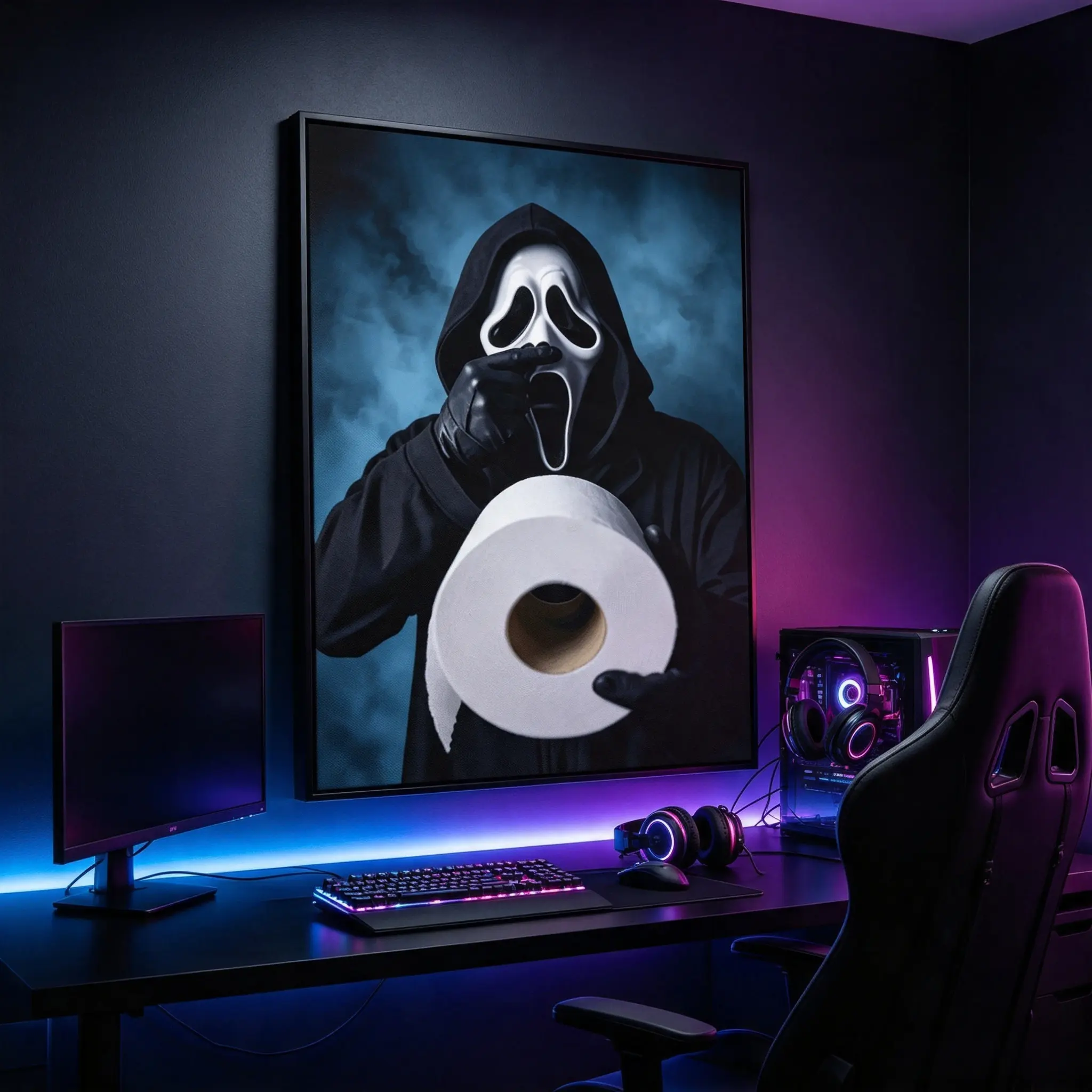 Funny Ghostface Holding Toilet Paper Canvas Print, Scream Horror Movie Ghost Mask Framed Poster, Spooky Gothic Wall Decor for Bathroom, Bedroom & Man Cave