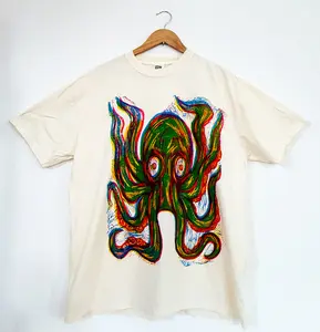 Green Octopus Hand Printed Woodcut T Shirt Menswear Cotton Graphics Streetwear Grunge Clothes Casual Tshirt Long Sheer Multicolor