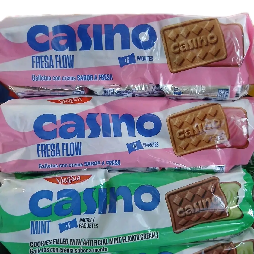 Casino 2 Fresa Flow and 1 Mint  Sandwich Cookies Snack Packs - 3 Packs of Dessert Biscuit Cookies with Artificial Alfajor Cream Filling, Sweet Treats (6 x 1.52 oz/43g Each)