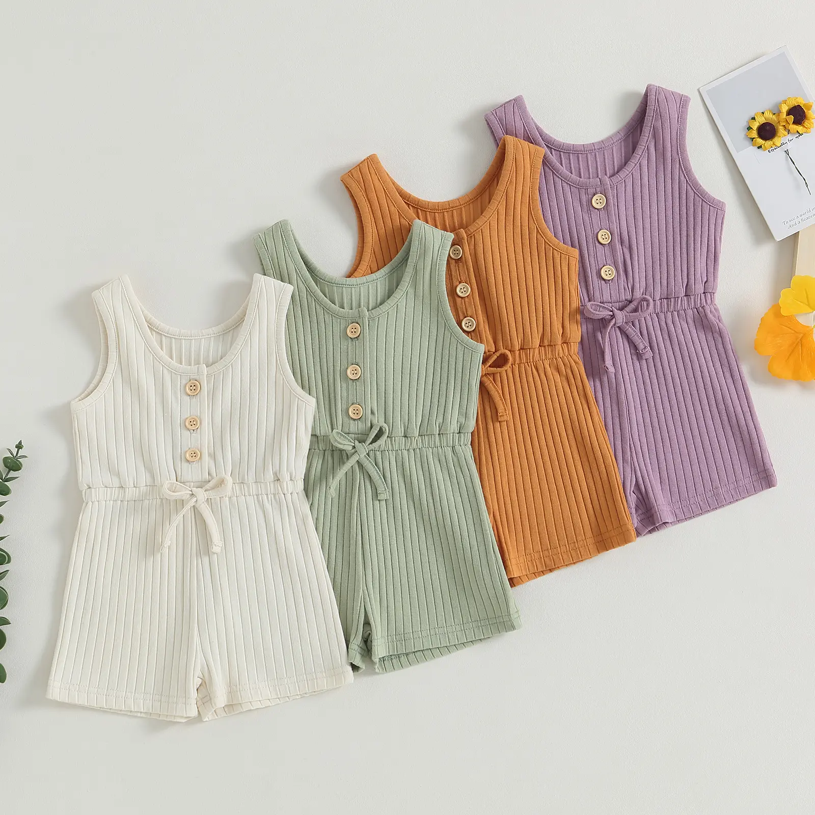 REDWOON Newborn Toddler Baby Kids Girl Sleeveless Ribbed Romper 6 12 18 24 Months 2T 3T 4T Solid Color Summer Jumpsuit Overall Shorts Clothes