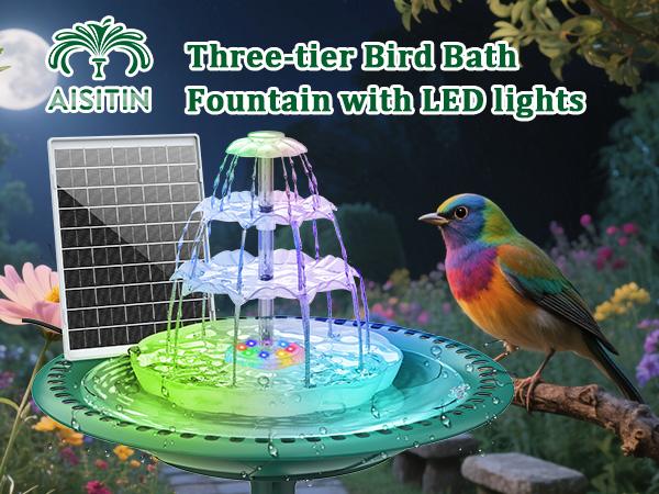 AISITIN 6.5W Solar Bird Bath Fountain with 3 Tiered Bird Bath Upgraded 2026, DIY Detachable Solar Water Fountain Pump with Fixed Equipment, 7 LED Lights for Garden Decoration, Outdoor Bird Feeder and Waterfall