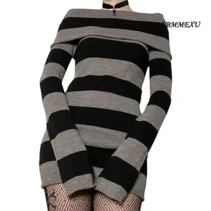 (influencer-approved) Women Gothic Dress Punk Off Shoulder Striped Knit Dress Y2k Fairy Grunge Dress Halloween Dark Academia Clothes Casual Long Sleeve comfortable  dress Summer Black Light Polyester Womenswear Boat Bodycon Check