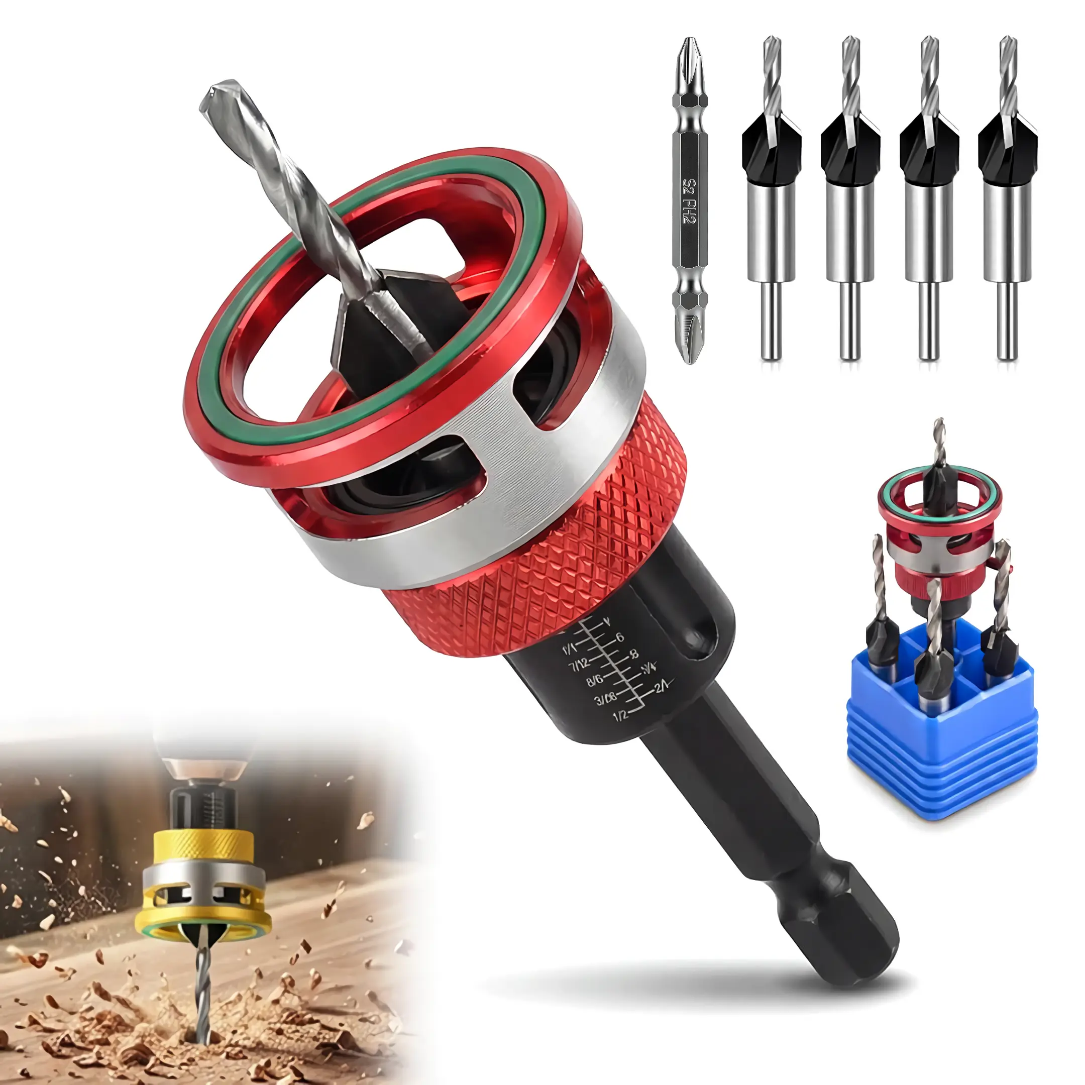 HCS 4-Piece Countersink Drill Bit Set, 1/4"-Hex Shank Wood Drilling Bits with Adjustable Depth Control Collar, Non-Marring Bearing for Chamfering, Carpentry Woodworking Project Kits, 4 Piece Set