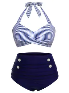 [Plus Size] Blue 1940s Striped Halter Bowknot Bikini Set with High-Waisted Bottoms and Rhinestone Accents