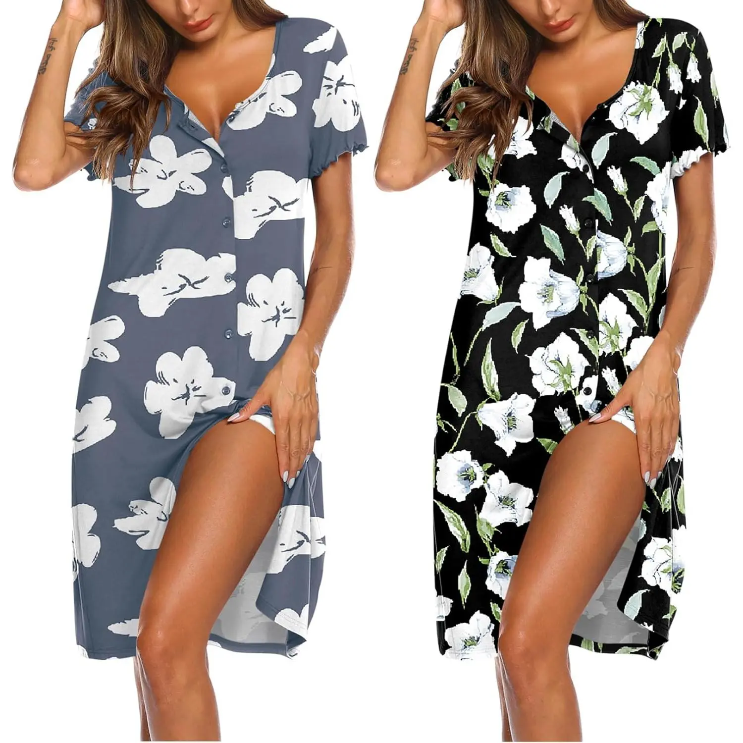 2 Pack Nightgowns for Women Button Down Night Shirts Short Sleeve Sleep Shirts V Neck Sleepwear Pajama Dress