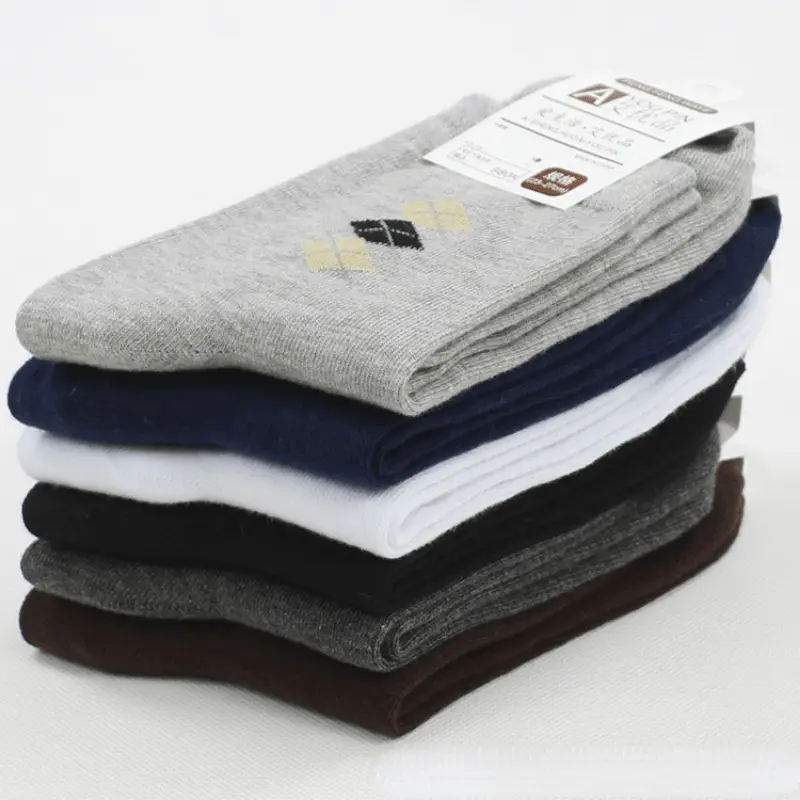 6 Pairs Of Men's Daily Wear Mid Length Socks, Business Diamond Checkered Socks, Cotton Socks, Small Diamond Four Season Socks Menswear Bestie, All Seasons, Cotton Material
