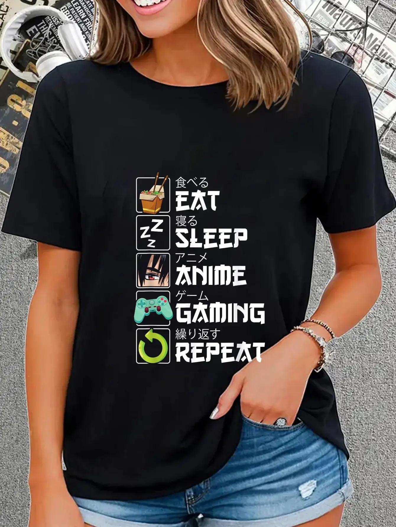 Unisex Vintage Style 100% Cotton Crew Neck Short Sleeve Graphic T-Shirt - Distressed Edge, Funny 'Eat Sleep Anime Gaming Repeat' Print for Gamers, All Seasons, Small to Large Sizes, Men's Casual Top