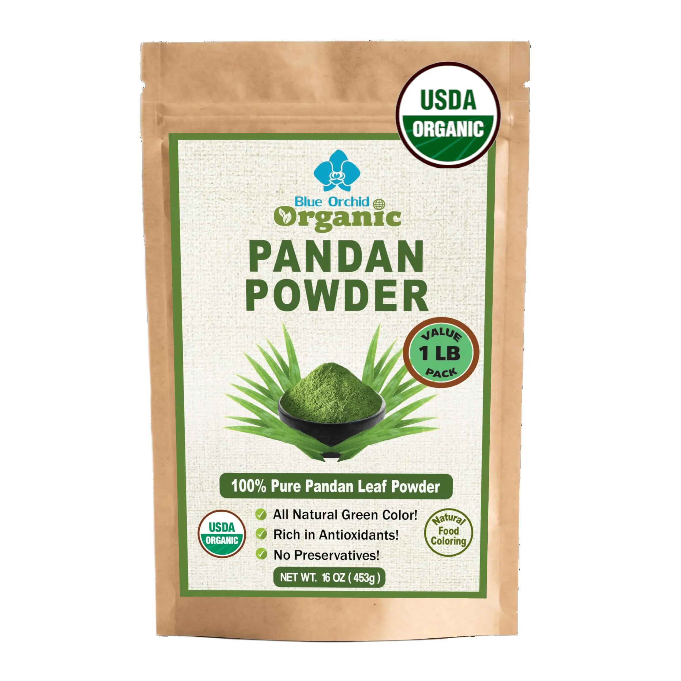 Organic Pandan Powder 16 OZ - Natural Green Food Coloring - Thai Herbal Aromatic Spice for Desserts Stews Curries Tea and Green Pandan Latte - Cut and Sifted