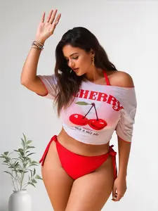 Tropical Style Plus Size Cherry Print 3 Piece Bikini Set Red Halter Tie Side Bathing Suit with Mesh Cover Up