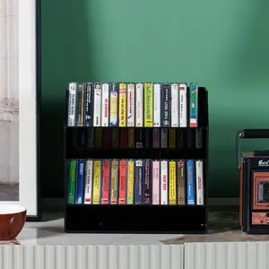 Black Acrylic Compact Cassette Holder with Cutout Carrying Handles, Retro Audio Cassette Tape Storage Display Rack Stand