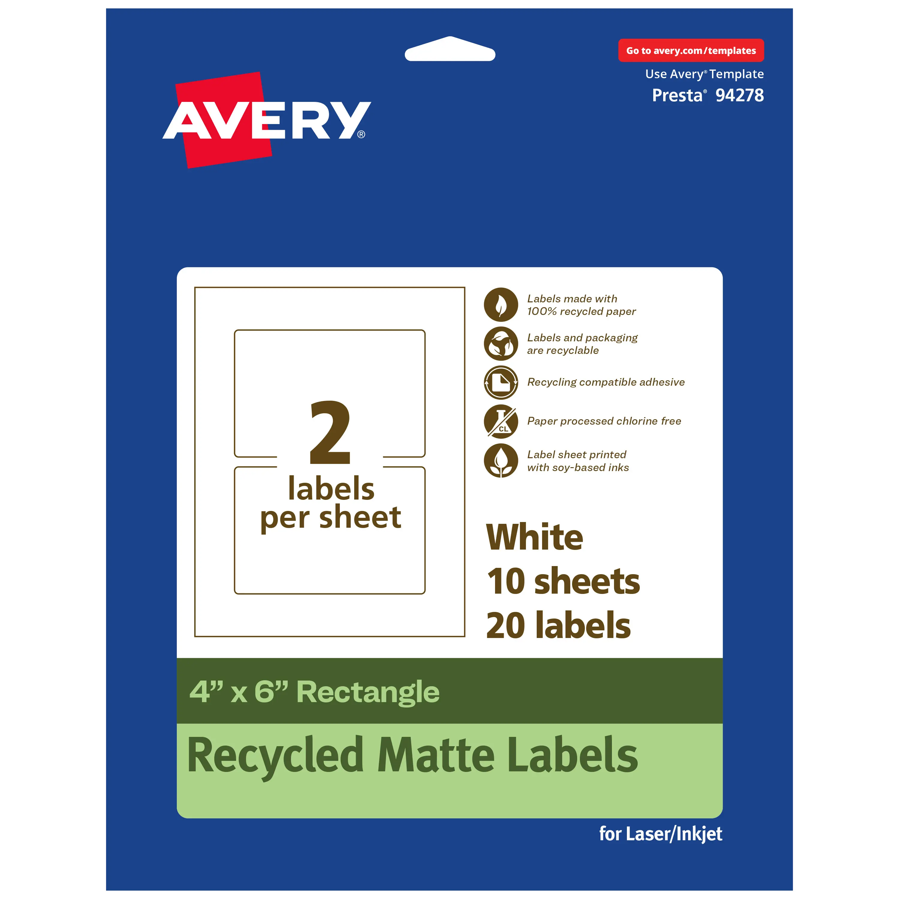 Avery Recycled Matte White Labels,  4" x 6" Rectangle