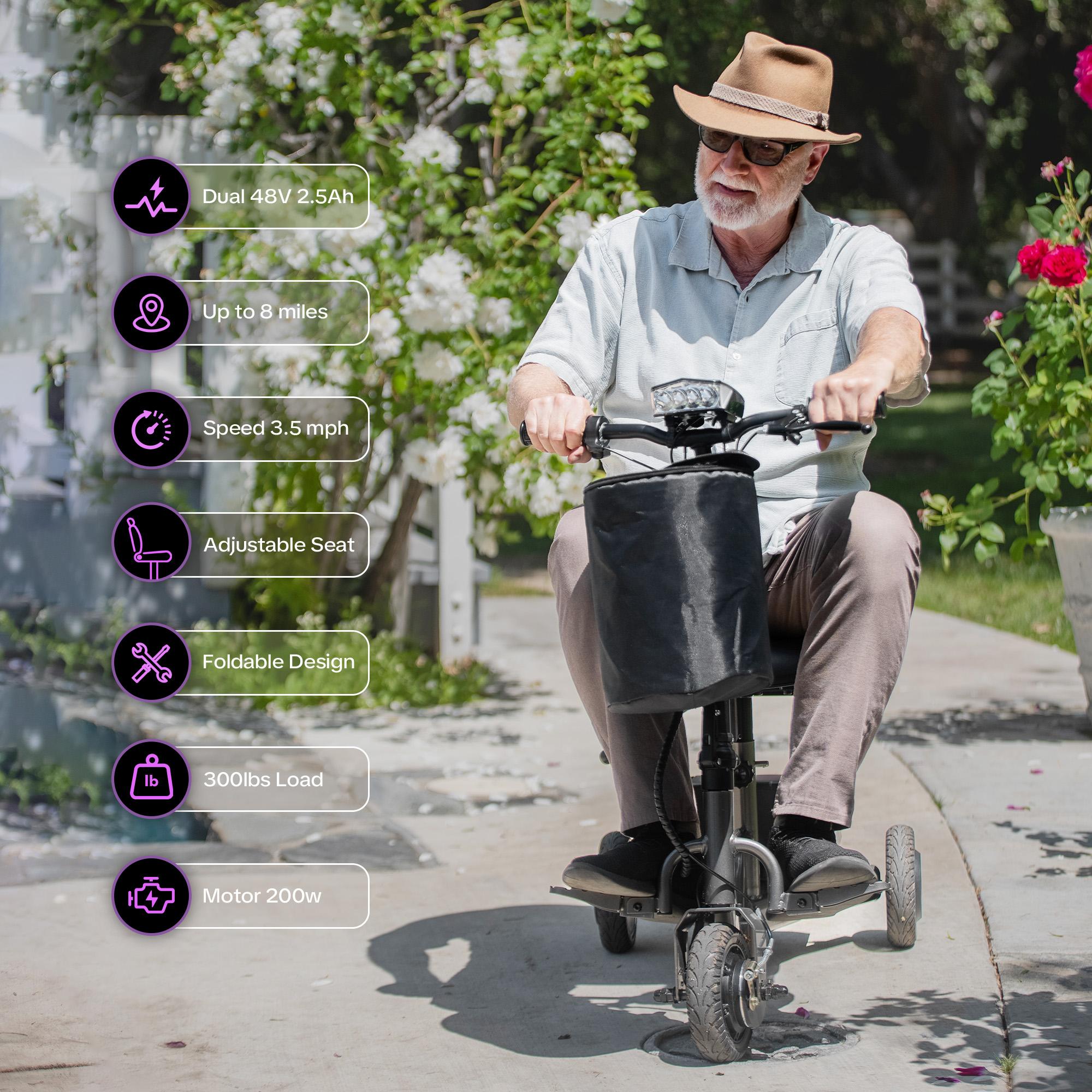 Lightweight Foldable Mobility Scooter for Seniors, 3-Wheel Electric Powered Scooter with Dual Removable Batteries, Adjustable 360° Seat, Basket & LED Light, 300lbs Capacity