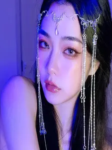 Vintage Style Handmade Hair Accessory, Water Drop Shape Fringe Headband, Rhinestone Front Chain Exotic Face Veil Decoration