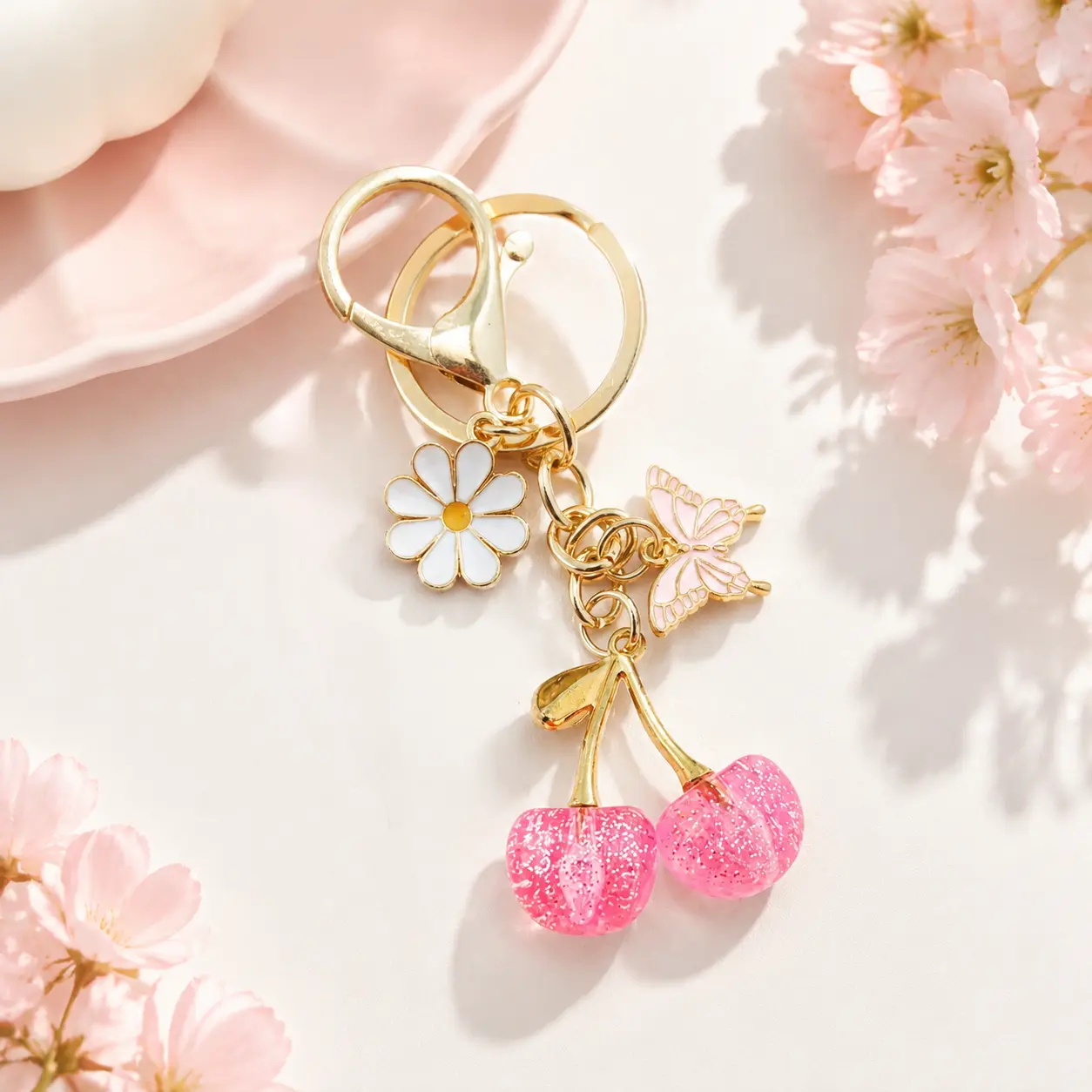 Cherry Butterfly Daisy Keychain for Women, Cute Delicate Multi-Charm Bag Pendant, Sweet Casual Bag Accessory for Everyday Purse Decoration