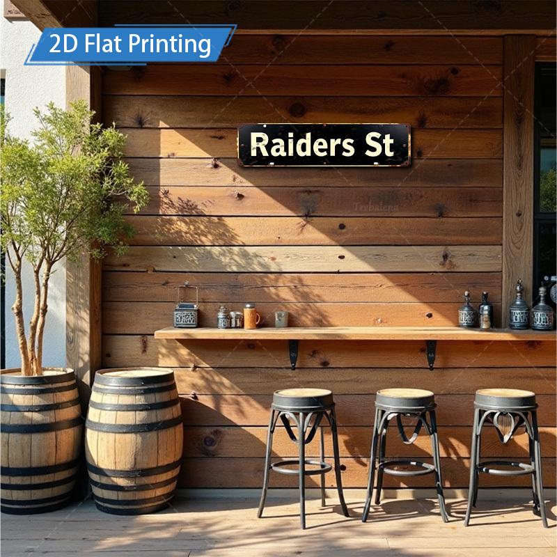 [2D FLAT] 1pc Metal Sign, 4x16inch Retro Raiders Street Sign Metal Wall Art for Outdoor Garden or Home Decor, Vintage Style with 2D Flat Printing Finish Wall Art Aluminum Painting Ideal for Porch Outdoor Garden Bar Home Decor Gifts, New Years Decorations