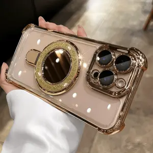 Sparkle Glitter Mirror Plating Magnetic Bracket iPhone Case for 16 Pro Max 15 14 13 Shockproof TPU+PC Silicone Soft Shell Protective